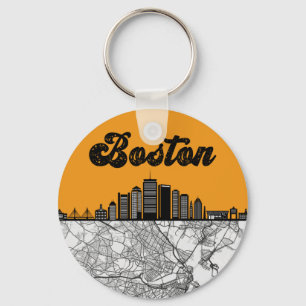 Boston Massachusetts City Skyline With Karta Nyckelring