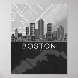 Boston Massachusetts City Skyline With Karta Poste Poster