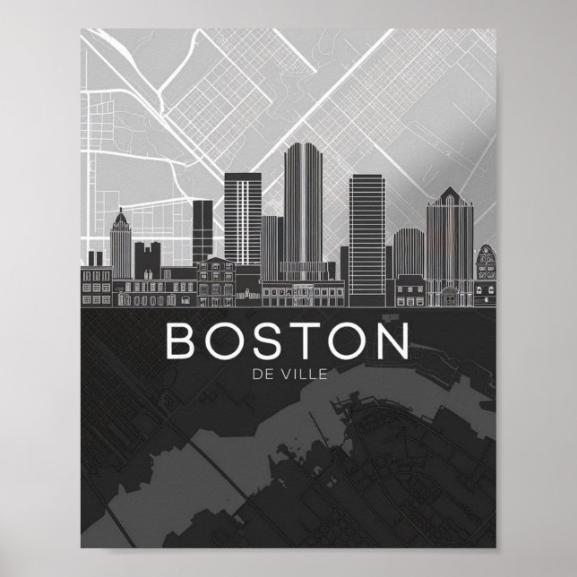 Boston Massachusetts City Skyline With Karta Poste Poster (Framsidan)