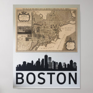 Boston Massachusetts City Skyline With Karta Poste Poster