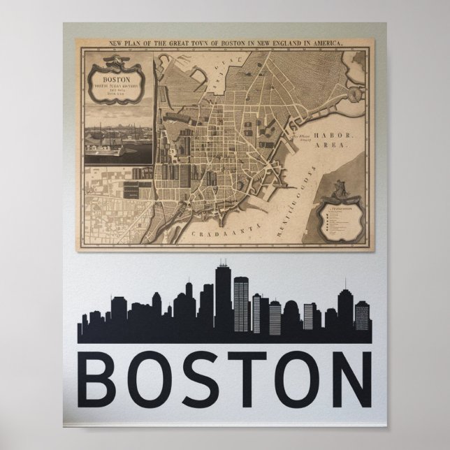 Boston Massachusetts City Skyline With Karta Poste Poster (Framsidan)