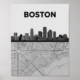 Boston Massachusetts City Skyline With Karta Poste Poster
