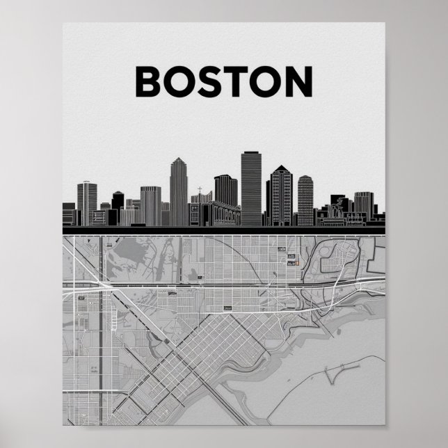 Boston Massachusetts City Skyline With Karta Poste Poster (Framsidan)