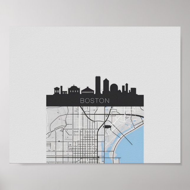 Boston Massachusetts City Skyline With Karta Poster (Framsidan)
