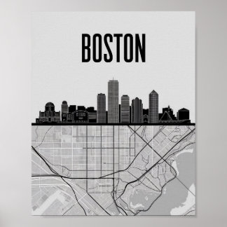 Boston Massachusetts City Skyline With Karta Poster