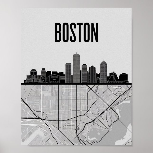 Boston Massachusetts City Skyline With Karta Poster (Framsidan)