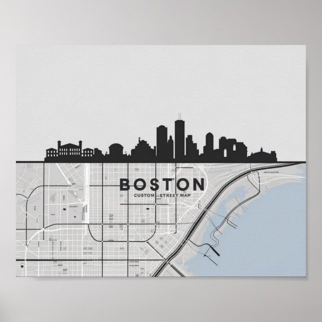 Boston Massachusetts City Skyline With Karta Poster (Framsidan)