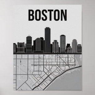Boston Massachusetts City Skyline With Karta Poster