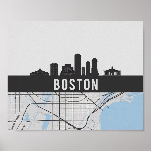 Boston Massachusetts City Skyline With Karta Poster (Framsidan)