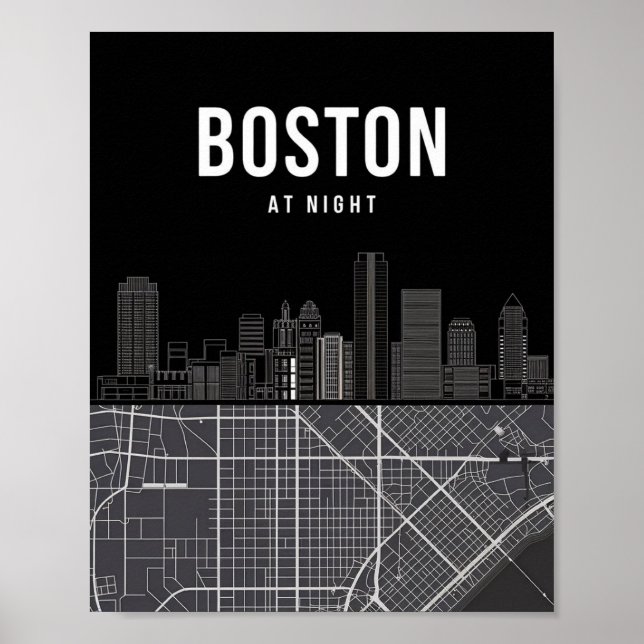 Boston Massachusetts City Skyline With Karta Poster (Framsidan)