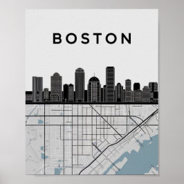 Boston Massachusetts City Skyline With Karta Poster