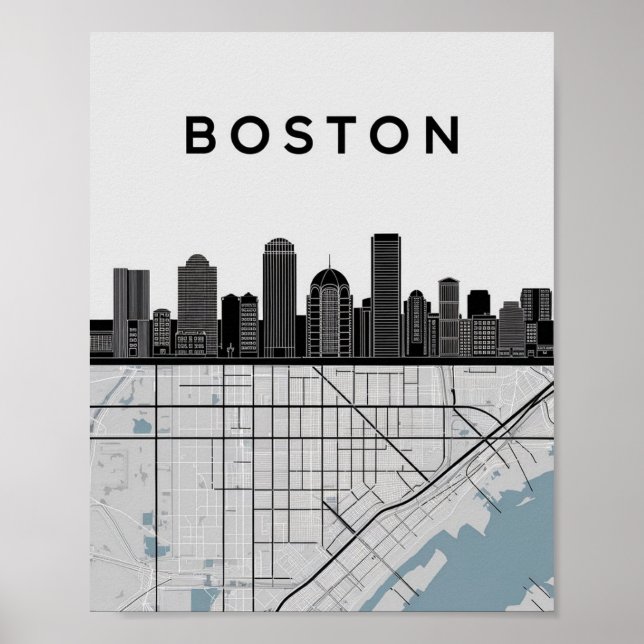 Boston Massachusetts City Skyline With Karta Poster (Framsidan)