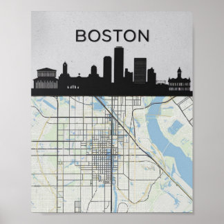 Boston Massachusetts City Skyline With Karta Poster