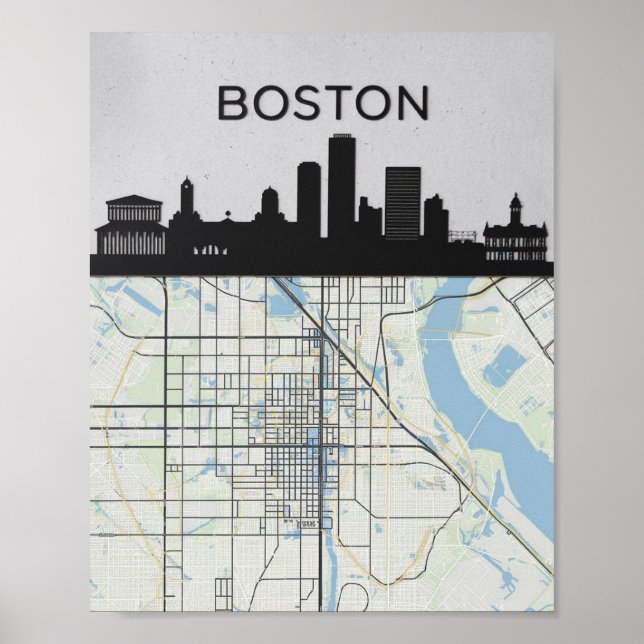 Boston Massachusetts City Skyline With Karta Poster (Framsidan)