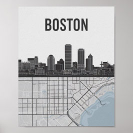 Boston Massachusetts City Skyline With Karta Poster