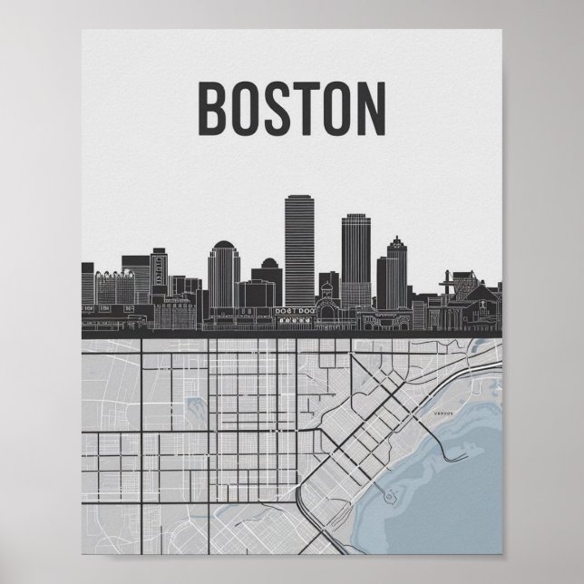 Boston Massachusetts City Skyline With Karta Poster (Framsidan)