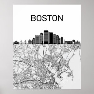 Boston Massachusetts City Skyline With Karta Poster