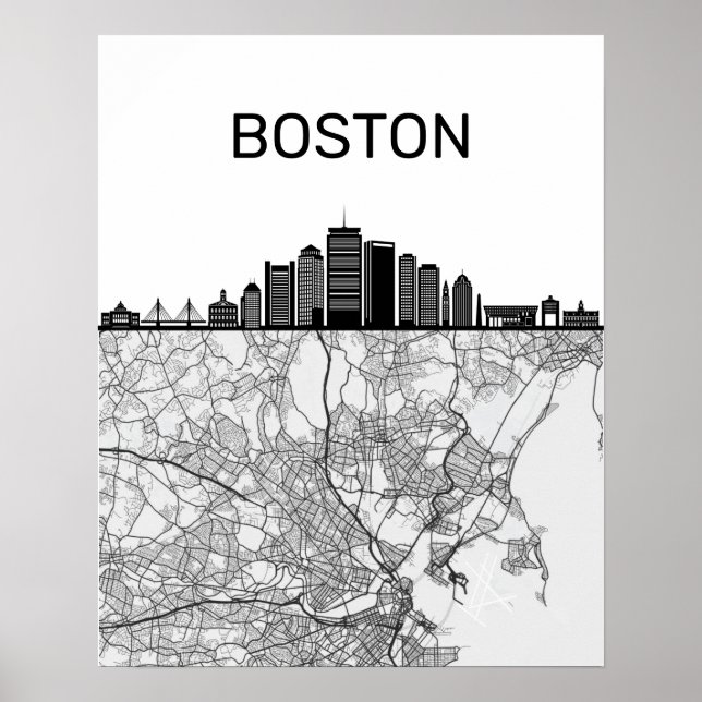 Boston Massachusetts City Skyline With Karta Poster (Framsidan)