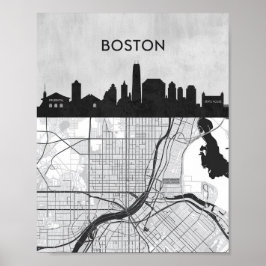 Boston Massachusetts City Skyline With Karta Poster