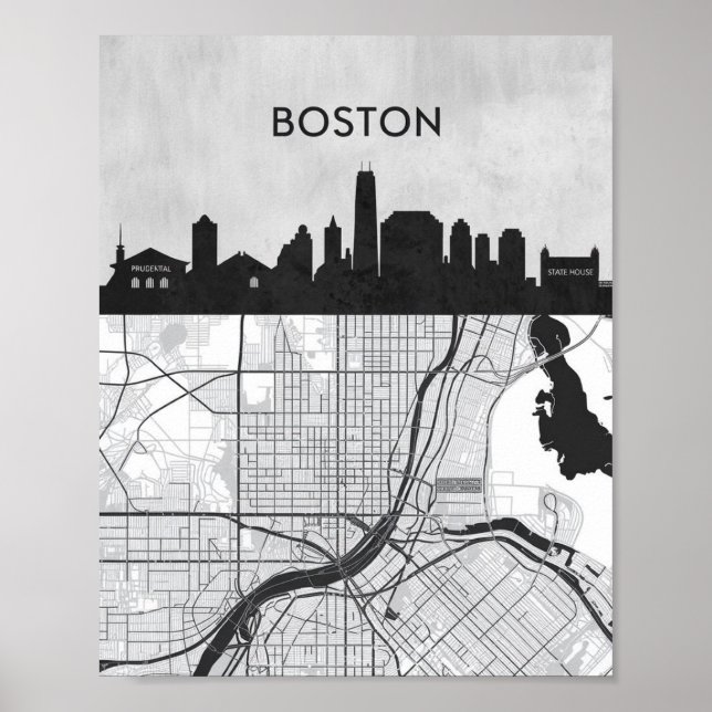 Boston Massachusetts City Skyline With Karta Poster (Framsidan)