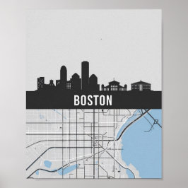 Boston Massachusetts City Skyline With Karta Poster