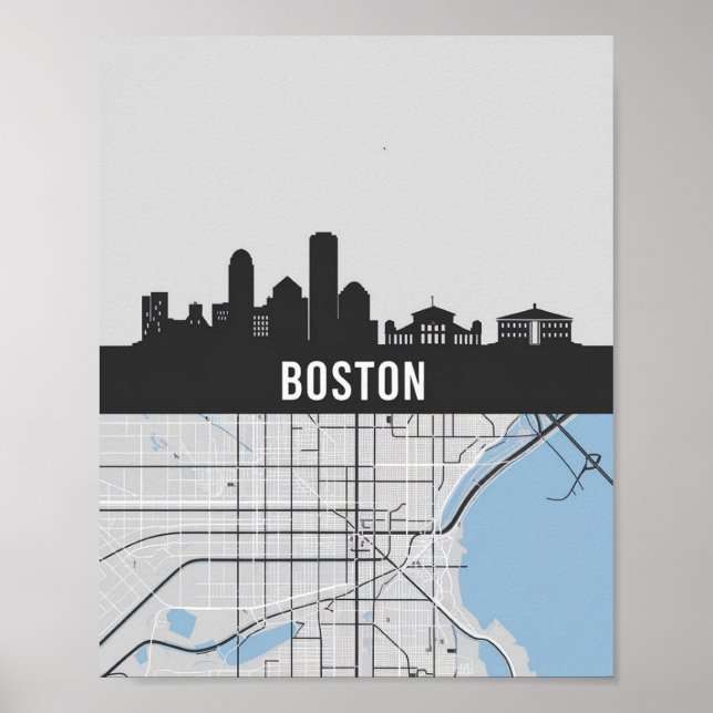 Boston Massachusetts City Skyline With Karta Poster (Framsidan)