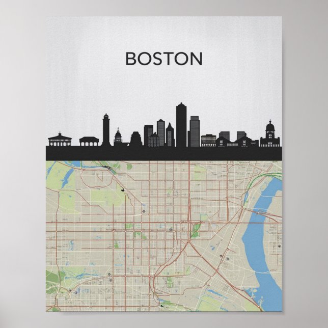 Boston Massachusetts City Skyline With Karta Poster (Framsidan)