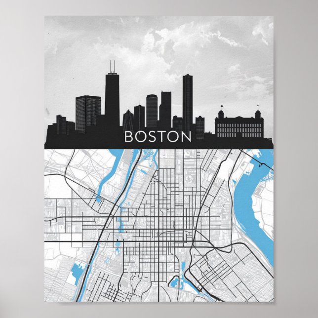 Boston Massachusetts City Skyline With Karta Poster (Framsidan)