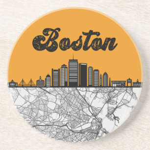 Boston Massachusetts City Skyline With Karta Underlägg