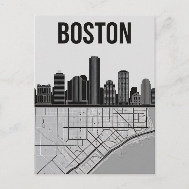 Boston Massachusetts City Skyline With Karta Vykort (Framsida)