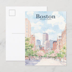 Boston Massachusetts Gouache Illustration Travel Vykort