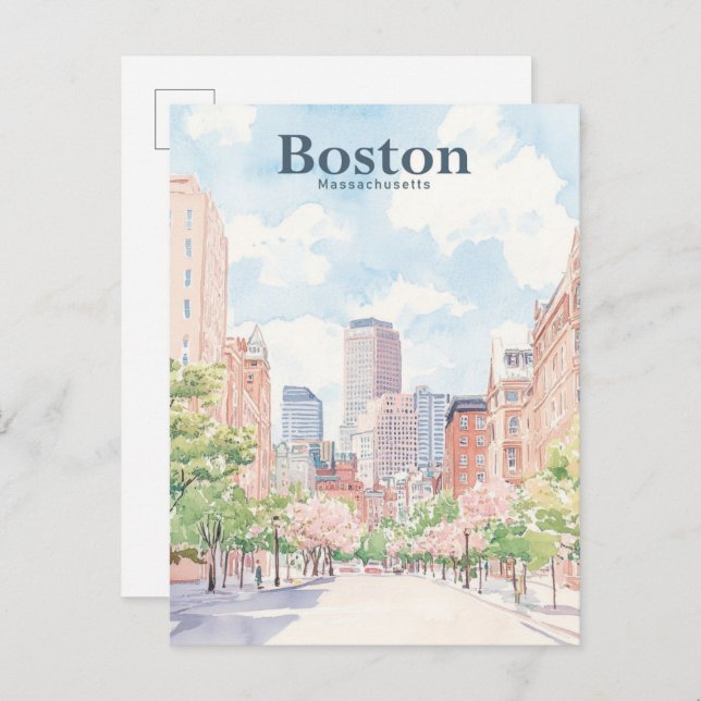 Boston Massachusetts Gouache Illustration Travel Vykort (Fram/baksida)