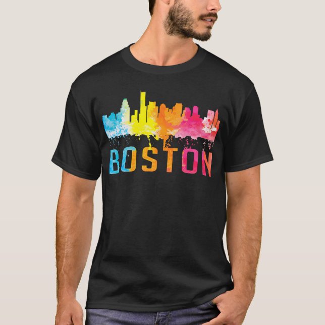 Boston Massachusetts Retro Watercolor Skyline Souv T Shirt (Framsida)