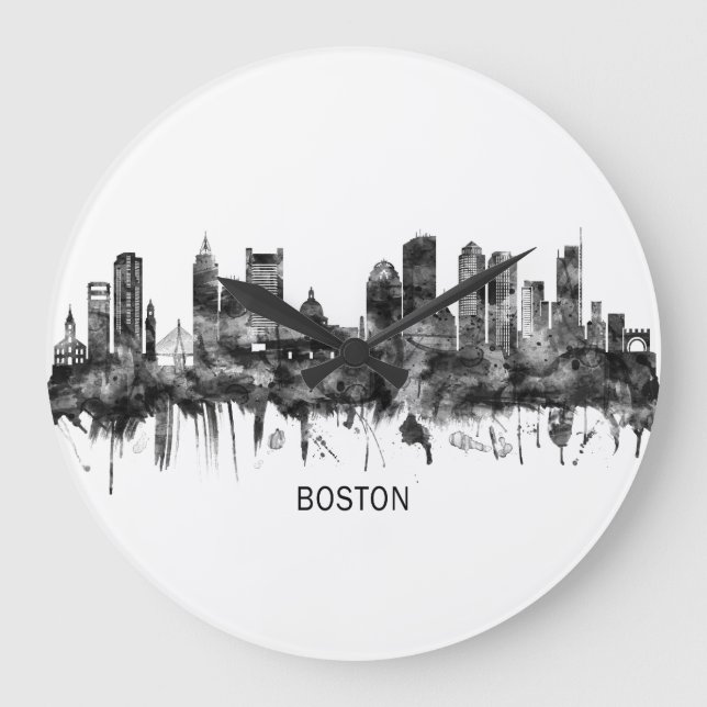 Boston Massachusetts Skyline BW Stor Klocka (Framsida)