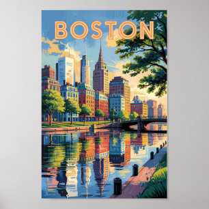 Boston Massachusetts Skyline Travel Art Vintage Poster