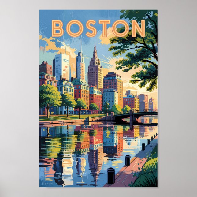 Boston Massachusetts Skyline Travel Art Vintage Poster (Framsidan)