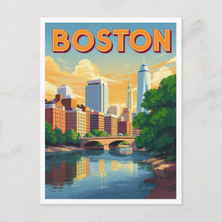 Boston Massachusetts Stadssilhuett Vintage Konst Vykort