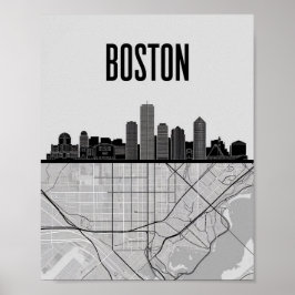 Boston Massachusetts Stadssiluett Med Karta Poster
