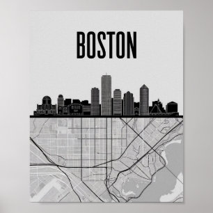 Boston Massachusetts Stadssiluett Med Karta Poster