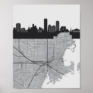 Boston Massachusetts Stadssiluett Med Karta Poster
