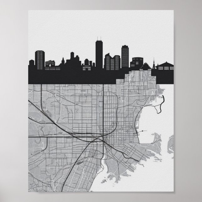 Boston Massachusetts Stadssiluett Med Karta Poster (Framsidan)