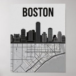 Boston Massachusetts Stadssiluett Med Karta Poster