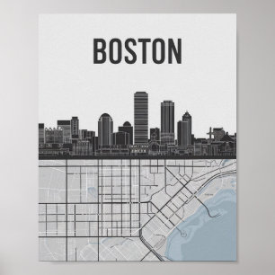 Boston Massachusetts Stadssiluett Med Karta Poster