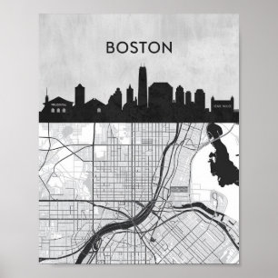 Boston Massachusetts Stadssiluett Med Karta Poster