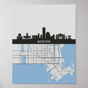 Boston Massachusetts Stadssiluett Med Karta Poster
