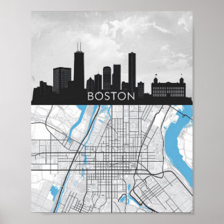 Boston Massachusetts Stadssiluett Med Karta Poster