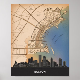 Boston Massachusetts Stadssiluett Med Vintagekarta Poster