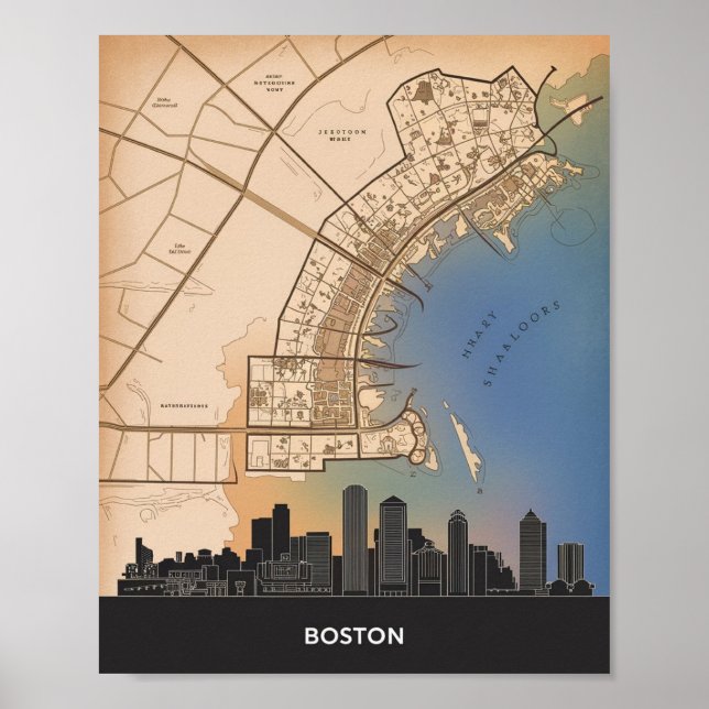 Boston Massachusetts Stadssiluett Med Vintagekarta Poster (Framsidan)