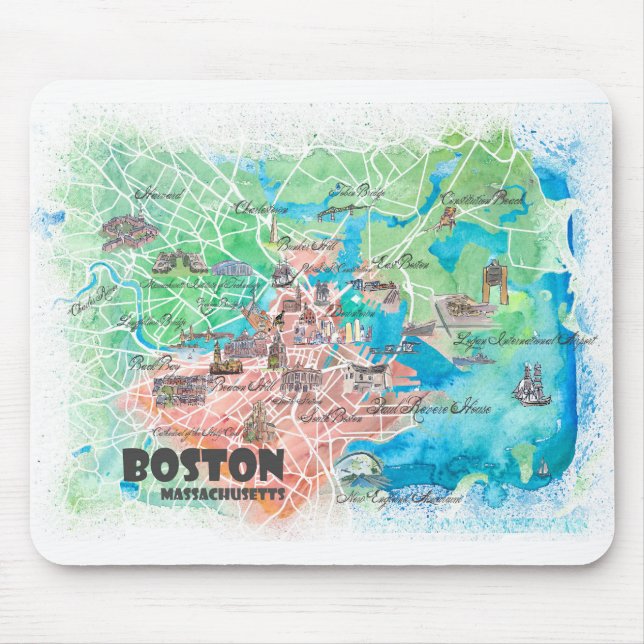 Boston Massachusetts USA Illustrated Karta & ways Musmatta (Framsidan)