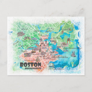 Boston Massachusetts USA Illustrated Karta & ways Vykort